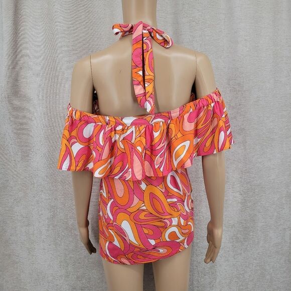 Michael Kors Flounce Halter Vibrant Pink and Orange Off Shoulder Top - Picture 4 of 8